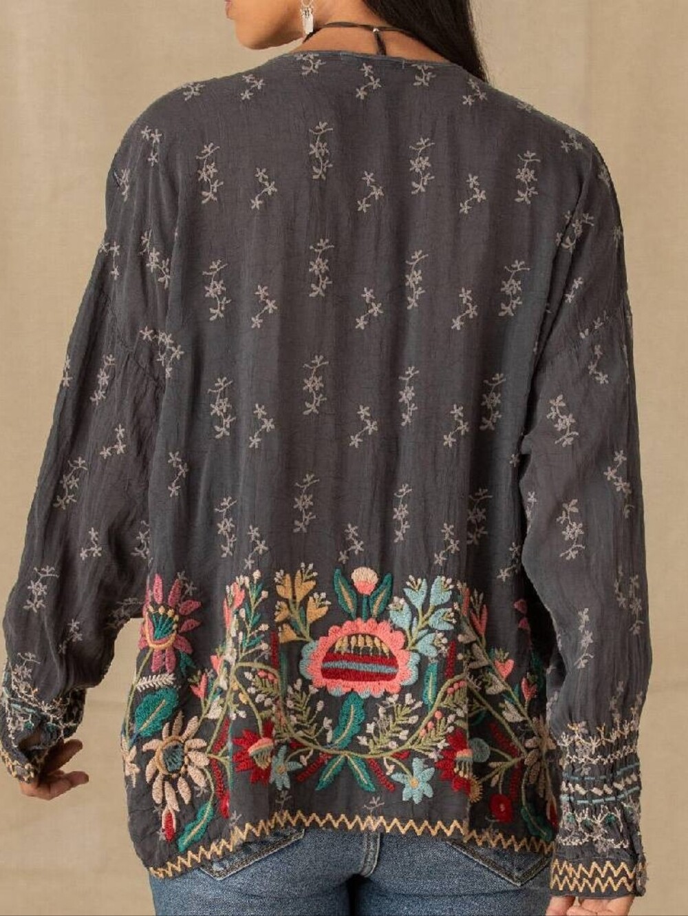 Johnny Was Embroidered Floral Button-Front Long Sleeve Tunic, NWT Size Medium - Picture 8 of 10